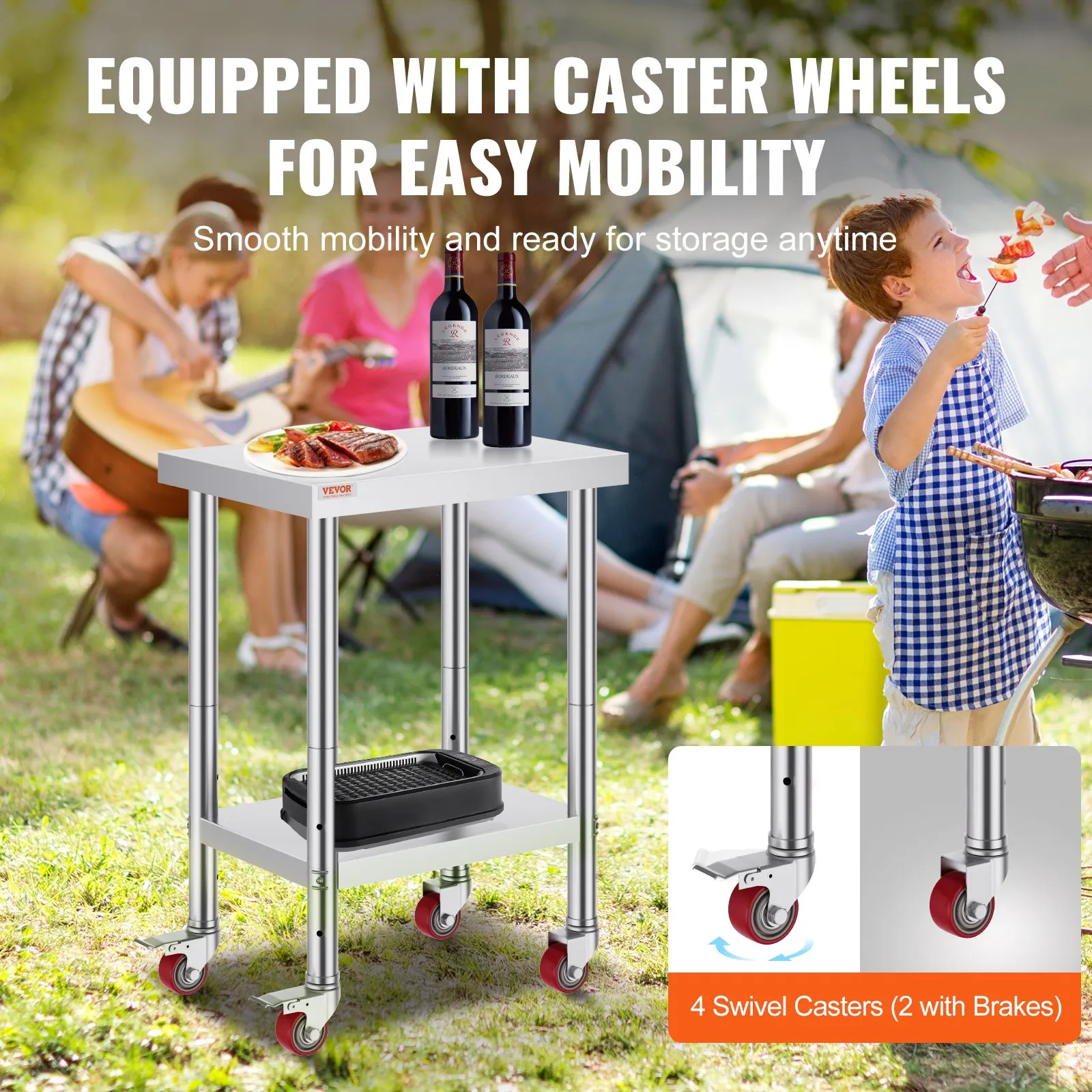 VEVOR stainless steel work table with caster wheels, perfect for outdoor activities.
