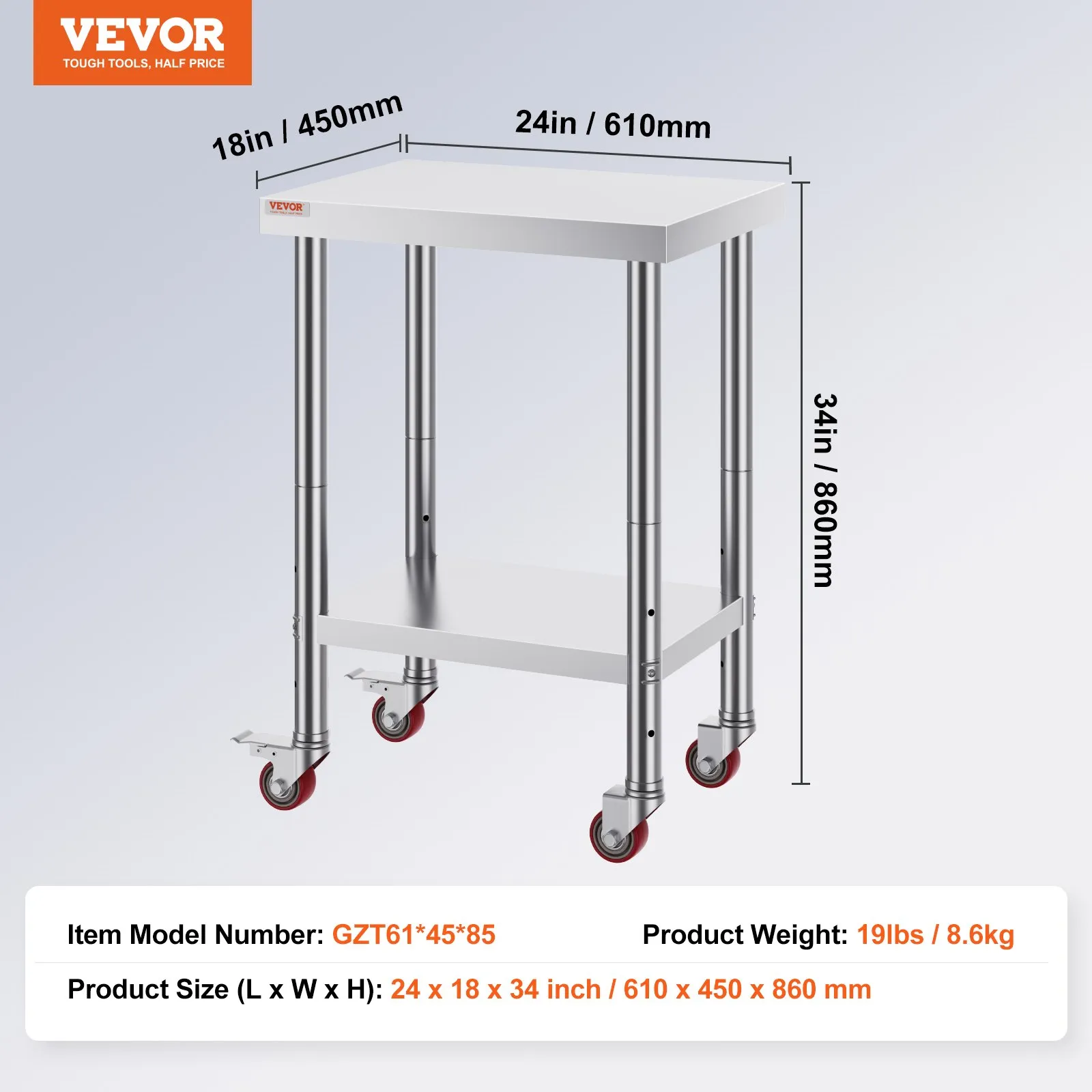 VEVOR stainless steel work table with wheels, 24 x 18 x 34 inches, model gzt61*45*85.