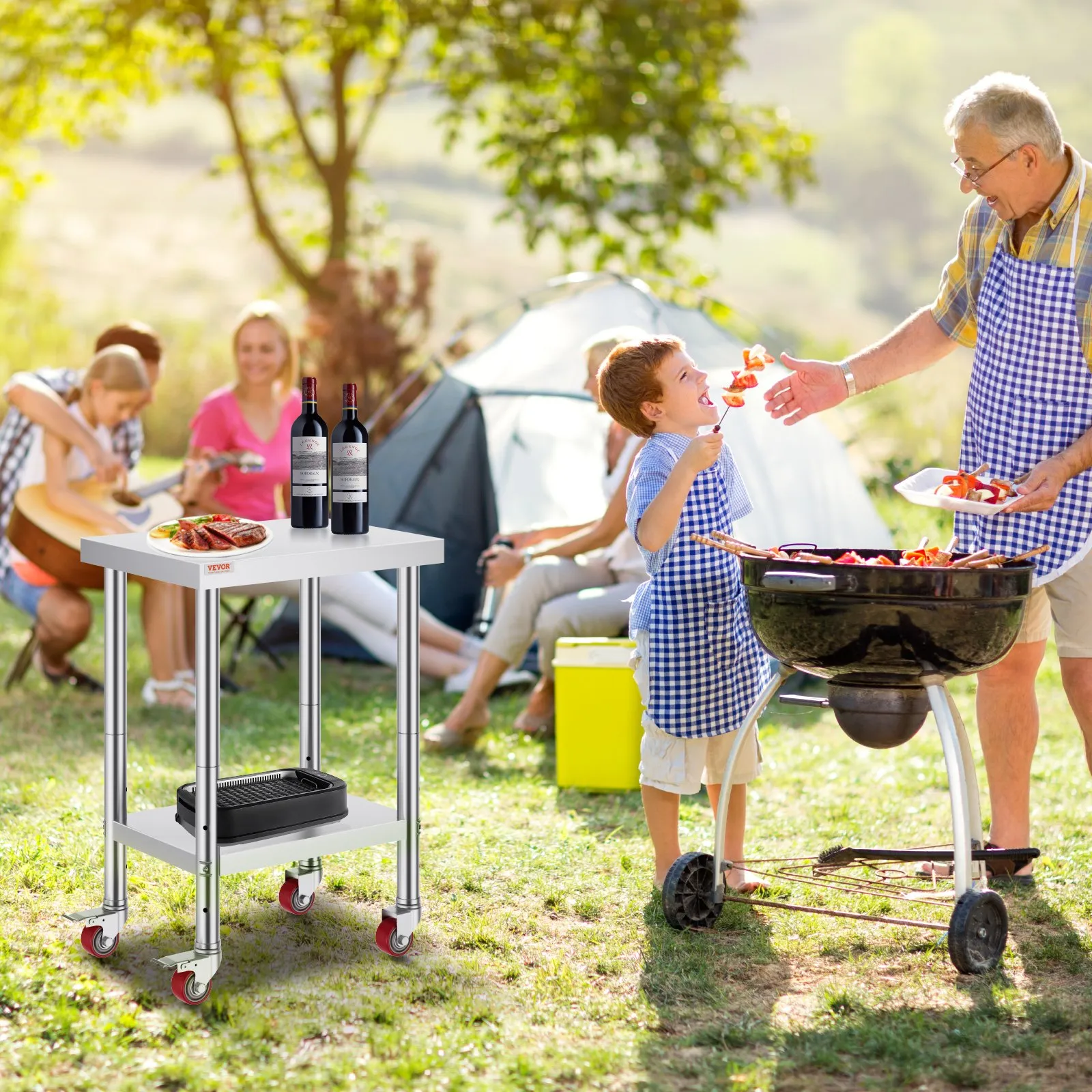outdoor bbq with VEVOR stainless steel work table, grilling food, and wine on the table.