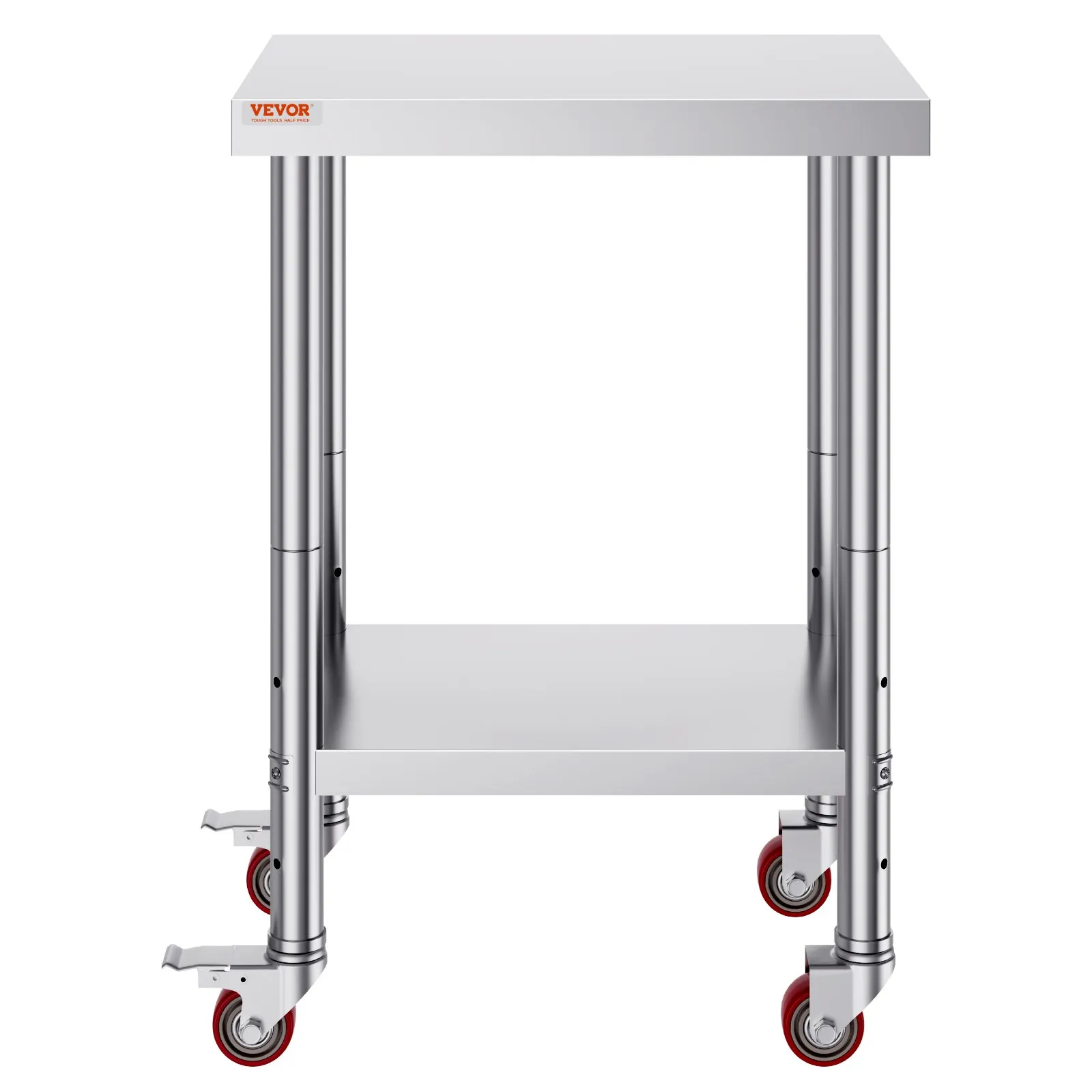 VEVOR stainless steel work table on wheels with lower shelf and locking casters.