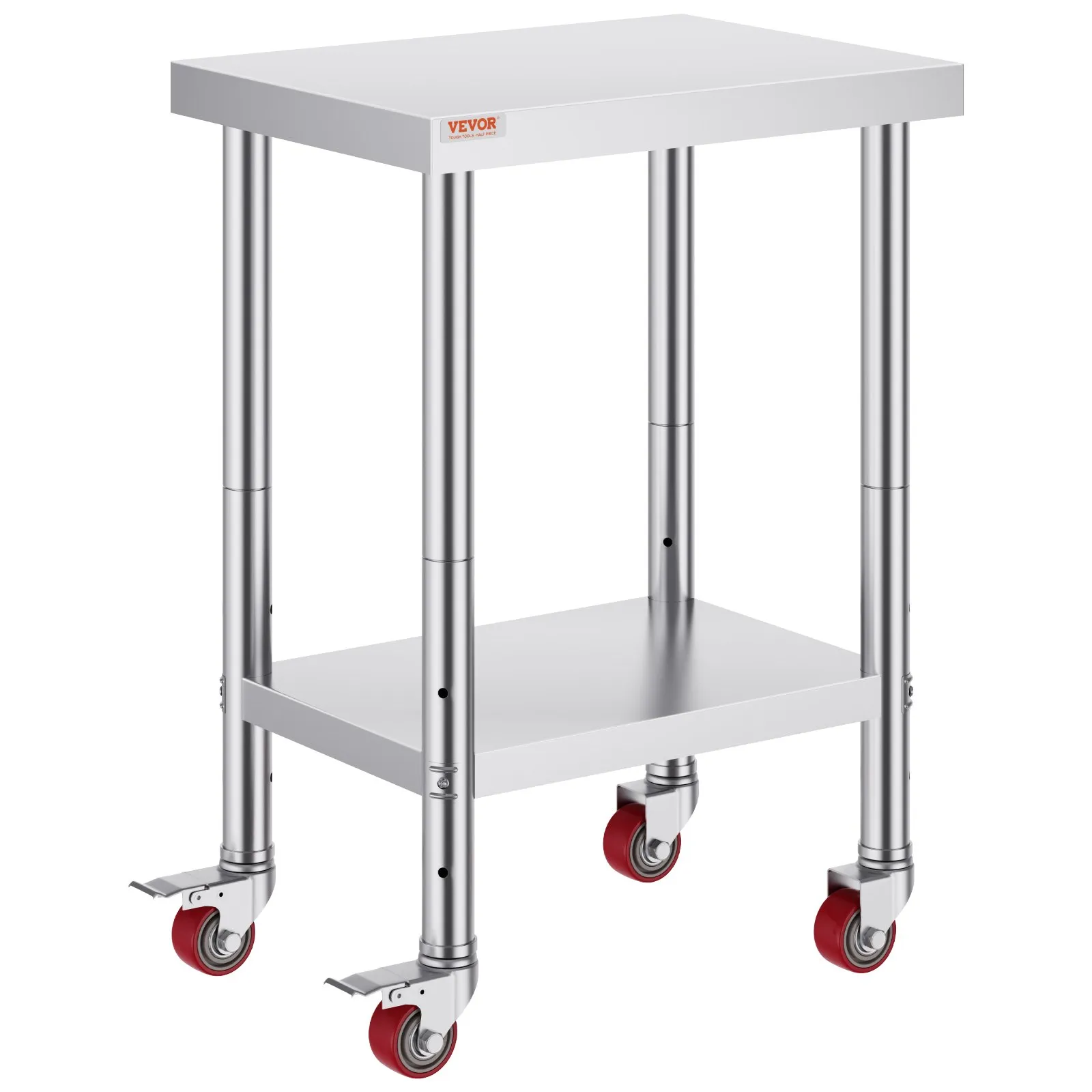VEVOR stainless steel work table with caster wheels and lower shelf.