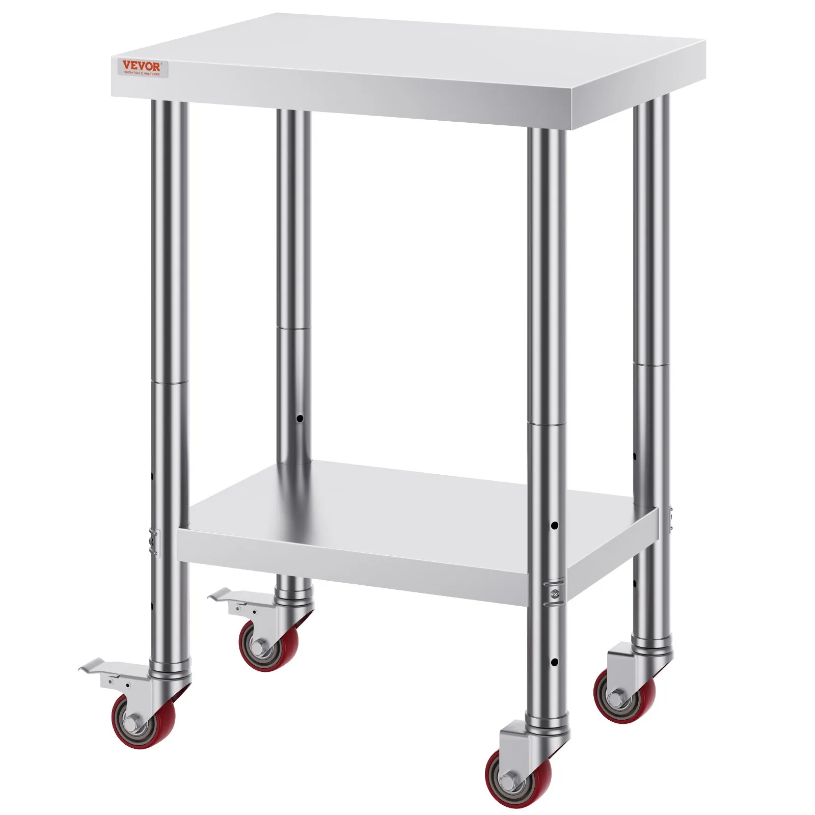VEVOR stainless steel work table with red caster wheels and adjustable bottom shelf.