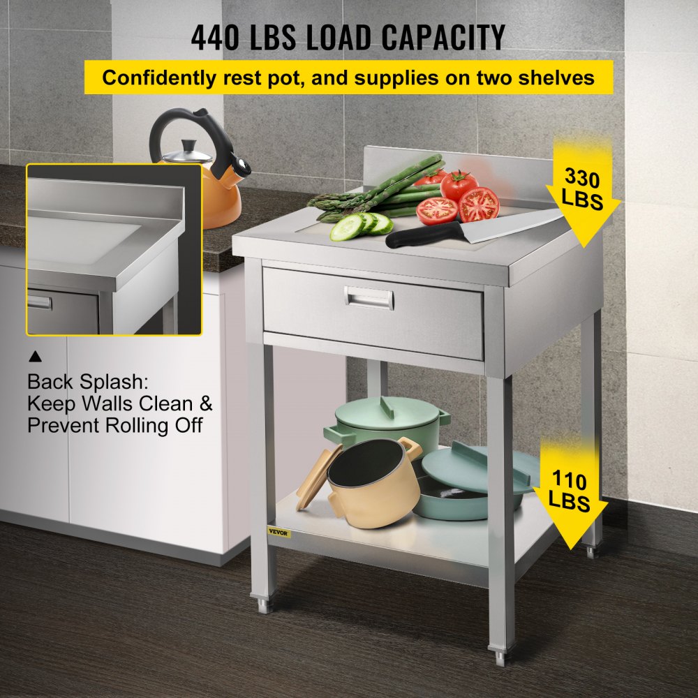 VEVOR Stainless Steel Prep Table 24 x 24 in Stainless Steel Table with Drawer Kitchen Table with Undershelf and Backsplash Kitchen Island 440 Lbs Load Capacity for Restaurant, Home and Hotel