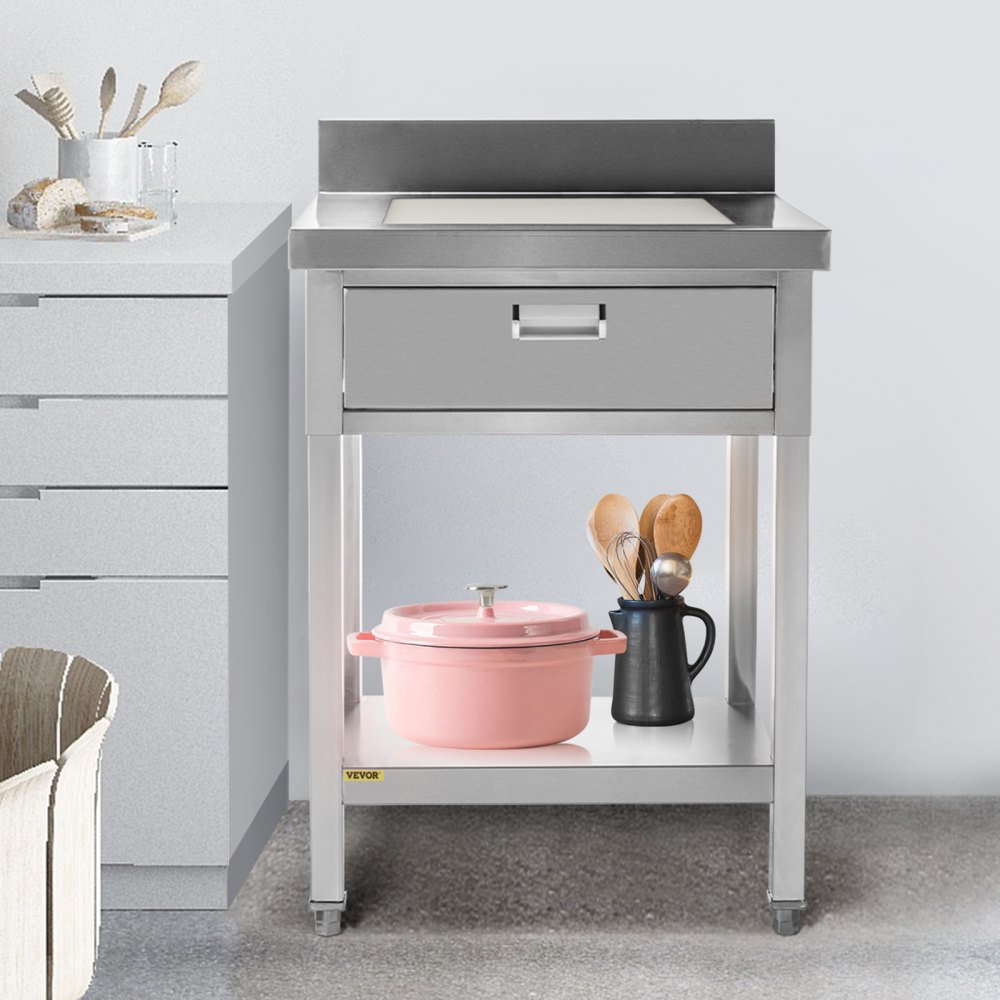 VEVOR Stainless Steel Prep Table 24 x 24 in Stainless Steel Table with Drawer Kitchen Table with Undershelf and Backsplash Kitchen Island 440 Lbs Load Capacity for Restaurant, Home and Hotel