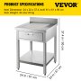 VEVOR Stainless Steel Prep Table 24 x 24 in Stainless Steel Table with Drawer Kitchen Table with Undershelf and Backsplash Kitchen Island 440 Lbs Load Capacity for Restaurant, Home and Hotel