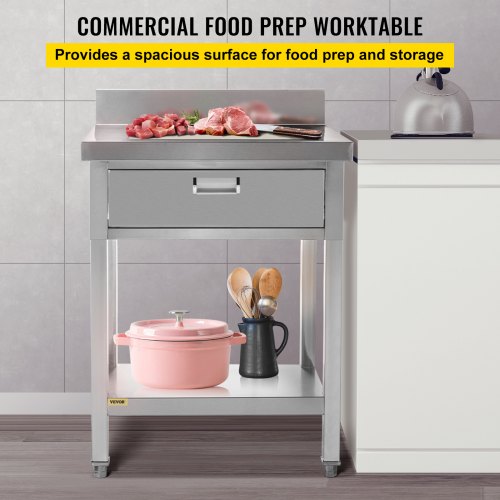 VEVOR Commercial Food Prep Worktable 24x30 in Stainless Steel Table with Drawer Kitchen Utility Table with Undershelf and Backsplash Kitchen Island 660 Lbs Load Capacity for Restaurant, Home and Hotel
