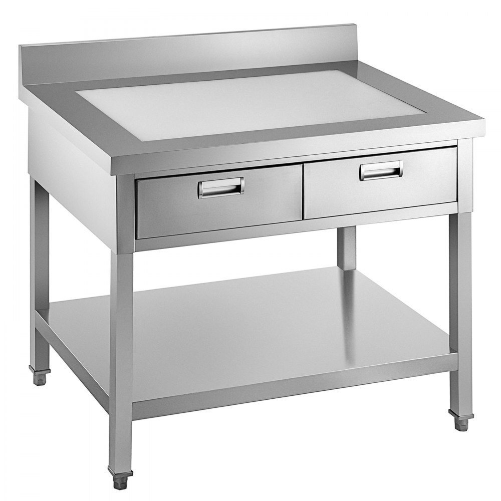 VEVOR Commercial Worktable Workstation 24 x 36 Inch Commercial Food Prep Worktable with 2 Drawers, Undershelf and Backsplash, 992 lbs Load Stainless Steel Kitchen Island for Restaurant, Home and Hotel