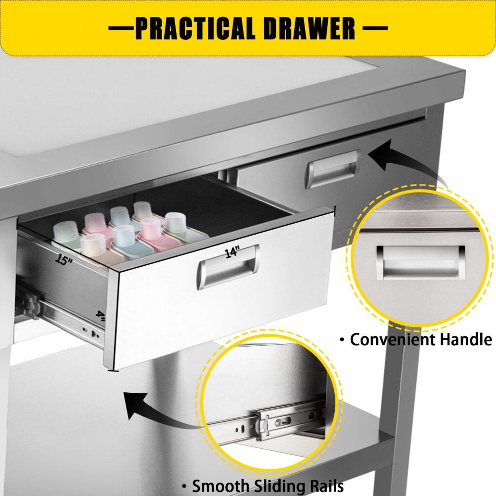 VEVOR Commercial Worktable Workstation 24 x 36 Inch Commercial Food Prep Worktable with 2 Drawers, Undershelf and Backsplash, 992 lbs Load Stainless Steel Kitchen Island for Restaurant, Home and Hotel
