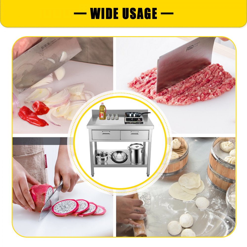 VEVOR Commercial Worktable Workstation 24 x 36 Inch Commercial Food Prep Worktable with 2 Drawers, Undershelf and Backsplash, 992 lbs Load Stainless Steel Kitchen Island for Restaurant, Home and Hotel