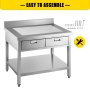 VEVOR Commercial Worktable Workstation 24 x 36 Inch Commercial Food Prep Worktable with 2 Drawers, Undershelf and Backsplash, 992 lbs Load Stainless Steel Kitchen Island for Restaurant, Home and Hotel