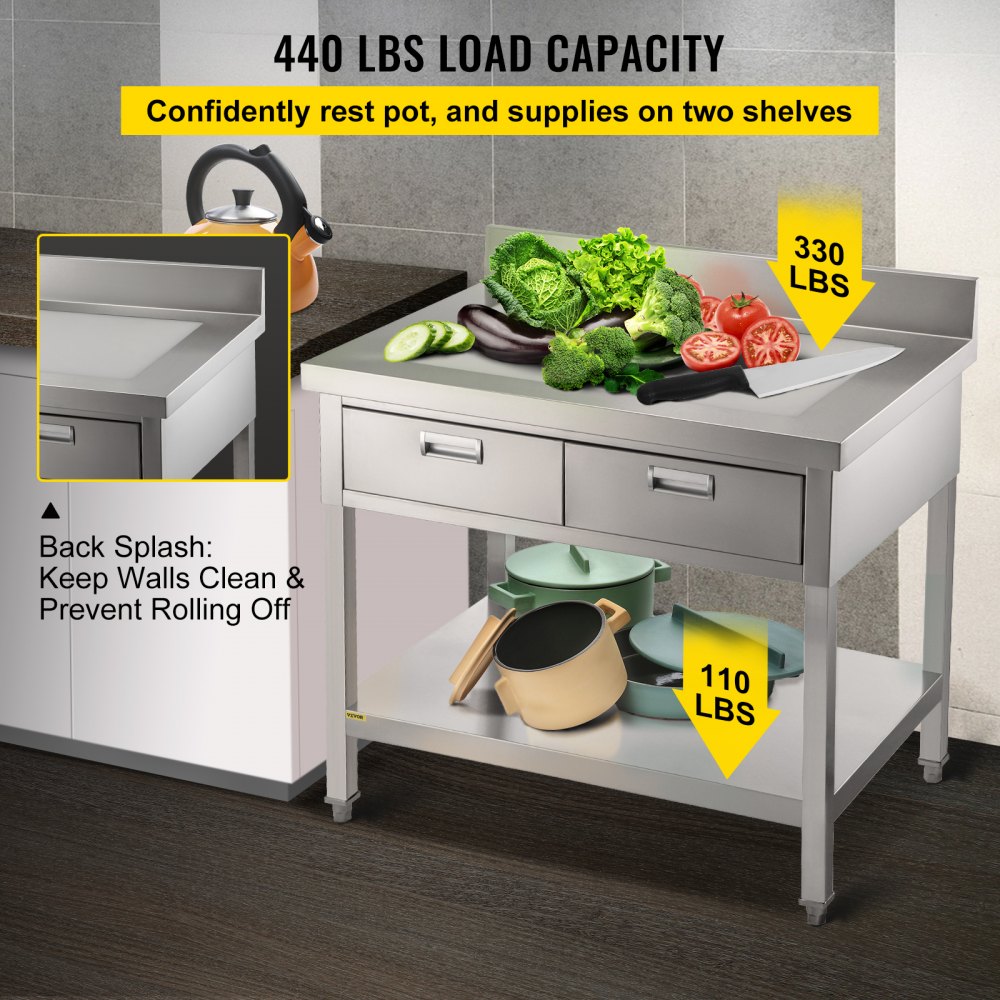 VEVOR Stainless Steel Work Table 24 x 42 in Commercial Food Prep Worktable with 2 Drawers, Undershelf and Backsplash, 992 lbs Load Stainless Steel Kitchen Island for Restaurant, Home and Hotel