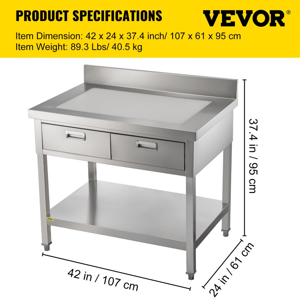 VEVOR Stainless Steel Work Table 24 x 42 in Commercial Food Prep Worktable with 2 Drawers, Undershelf and Backsplash, 992 lbs Load Stainless Steel Kitchen Island for Restaurant, Home and Hotel