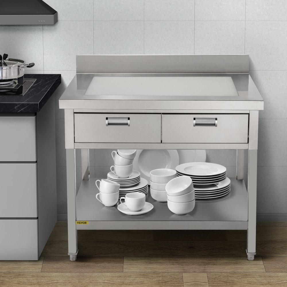 VEVOR Stainless Steel Work Table 24 x 42 in Commercial Food Prep Worktable with 2 Drawers, Undershelf and Backsplash, 992 lbs Load Stainless Steel Kitchen Island for Restaurant, Home and Hotel
