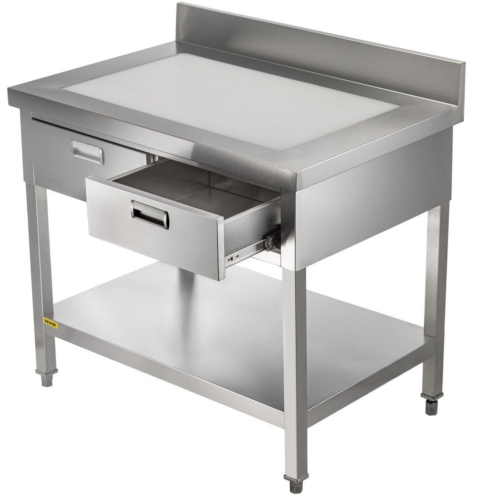 VEVOR Stainless Steel Work Table 24 x 42 in Commercial Food Prep Worktable with 2 Drawers, Undershelf and Backsplash, 992 lbs Load Stainless Steel Kitchen Island for Restaurant, Home and Hotel