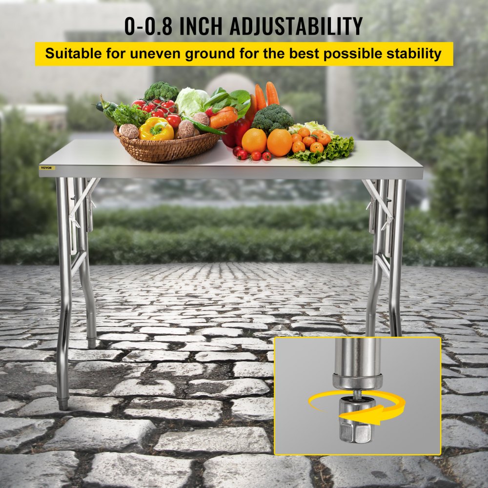 VEVOR Commercial Worktable Workstation 121.9x61 cm Folding Commercial Prep Table, Heavy-duty Stainless Steel Folding Table with 299.8 kg Load, Kitchen Work Table, Silver Stainless Steel Kitchen Island