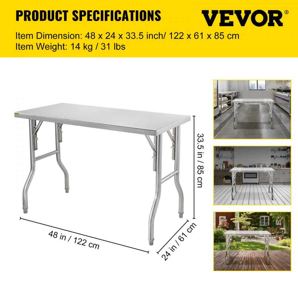 VEVOR Commercial Worktable Workstation 121.9x61 cm Folding Commercial Prep Table, Heavy-duty Stainless Steel Folding Table with 299.8 kg Load, Kitchen Work Table, Silver Stainless Steel Kitchen Island