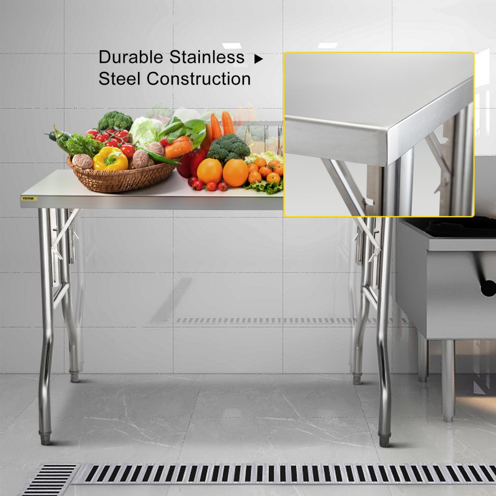 VEVOR Commercial Worktable Workstation 121.9x61 cm Folding Commercial Prep Table, Heavy-duty Stainless Steel Folding Table with 299.8 kg Load, Kitchen Work Table, Silver Stainless Steel Kitchen Island