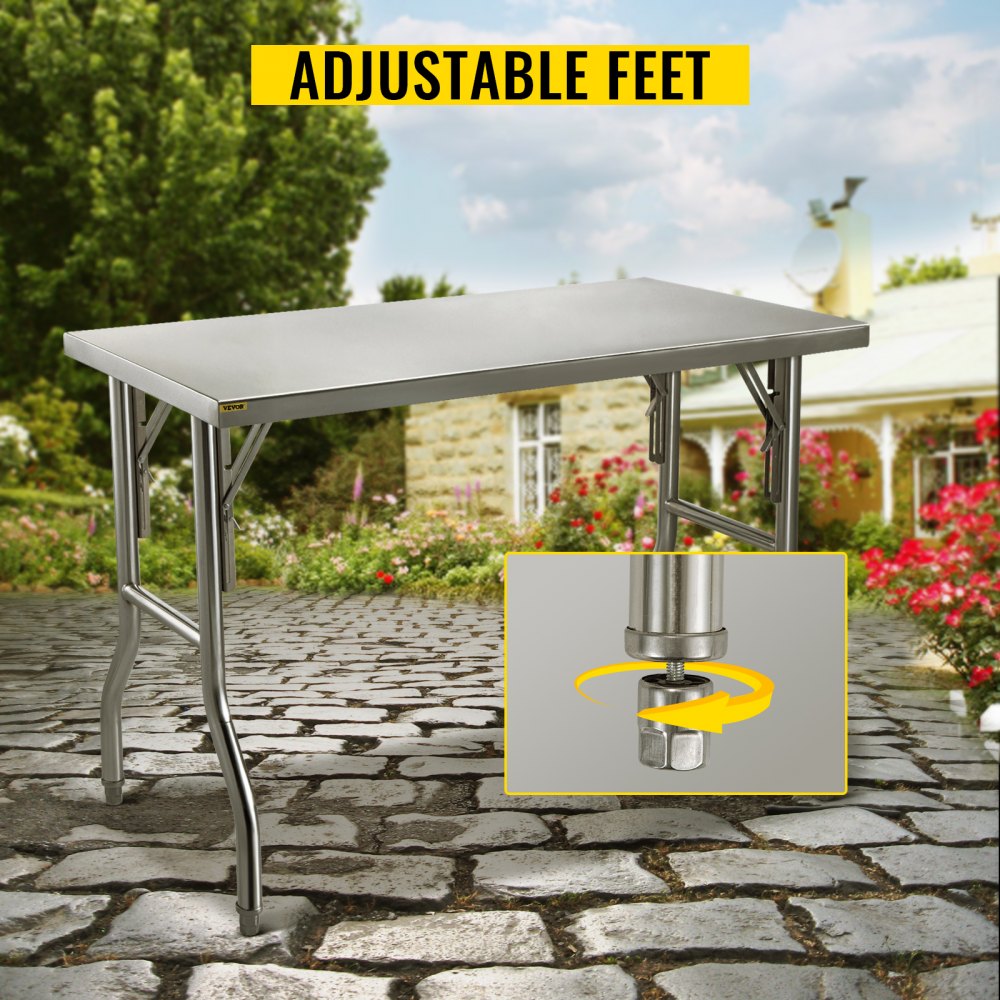 VEVOR Commercial Worktable Workstation 121.9x61 cm Folding Commercial Prep Table, Heavy-duty Stainless Steel Folding Table with 299.8 kg Load, Kitchen Work Table, Silver Stainless Steel Kitchen Island