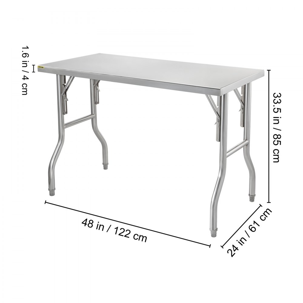 VEVOR Commercial Worktable Workstation 121.9x61 cm Folding Commercial Prep Table, Heavy-duty Stainless Steel Folding Table with 299.8 kg Load, Kitchen Work Table, Silver Stainless Steel Kitchen Island