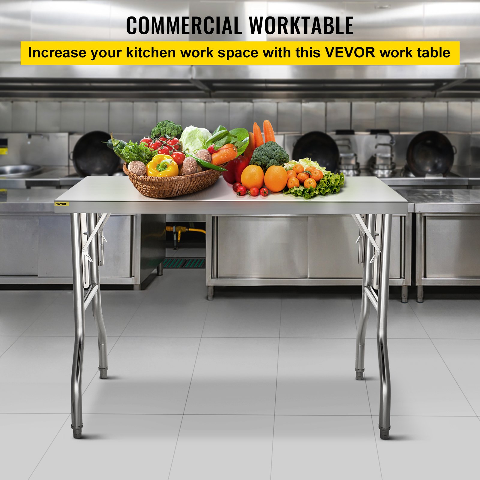 VEVOR Commercial Worktable Workstation 121.9x61 cm Folding Commercial Prep Table, Heavy-duty Stainless Steel Folding Table with 299.8 kg Load, Kitchen Work Table, Silver Stainless Steel Kitchen Island