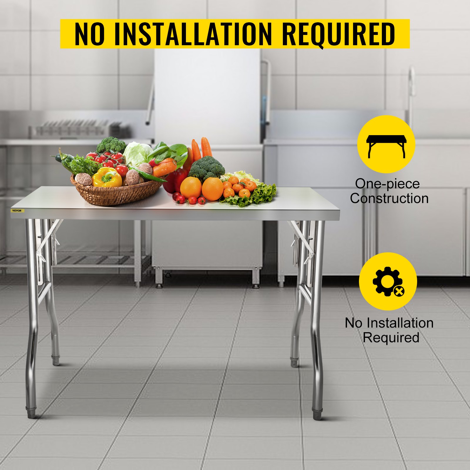 VEVOR Commercial Worktable Workstation 121.9x61 cm Folding Commercial Prep Table, Heavy-duty Stainless Steel Folding Table with 299.8 kg Load, Kitchen Work Table, Silver Stainless Steel Kitchen Island