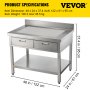 VEVOR Commercial Worktable Workstation 24 x 28 In Commercial Food Prep Worktable with 2 Drawers, Undershelf and Backsplash, 992 lbs Load Stainless Steel Kitchen Island for Restaurant, Home and Hotel
