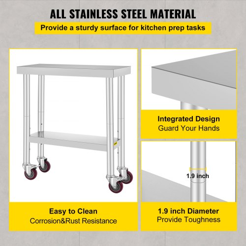 VEVOR Stainless Steel Catering Work Table 30x12 Inch Commercial Kitchen Table with 4 Wheels Commercial Food Prep Workbench with Flexible Adjustment Shelf for Kitchen Prep Table