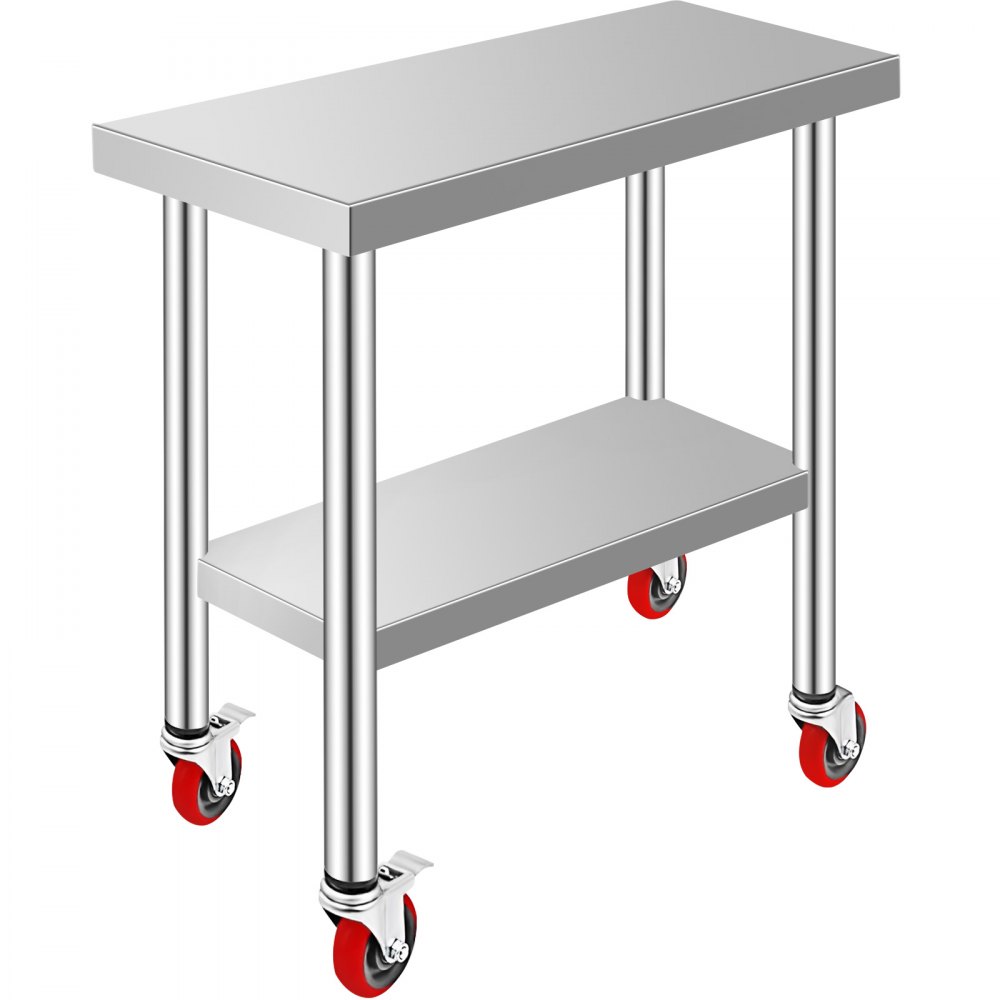 VEVOR Stainless Steel Work Table 30 x 12 x 34 Inch, 700 LBS Load Capacity with 4 Wheels, 3 Adjustable Height Levels, Heavy Duty Food Prep Worktable for Commercial Kitchen Restaurant, Silver