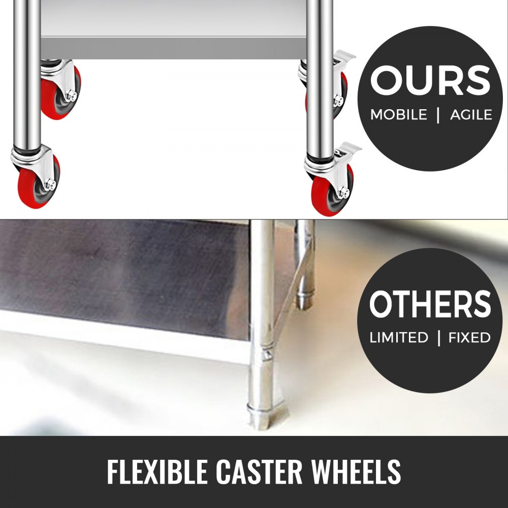 VEVOR Stainless Steel Work Table 30 x 12 x 34 Inch, 700 LBS Load Capacity with 4 Wheels, 3 Adjustable Height Levels, Heavy Duty Food Prep Worktable for Commercial Kitchen Restaurant, Silver