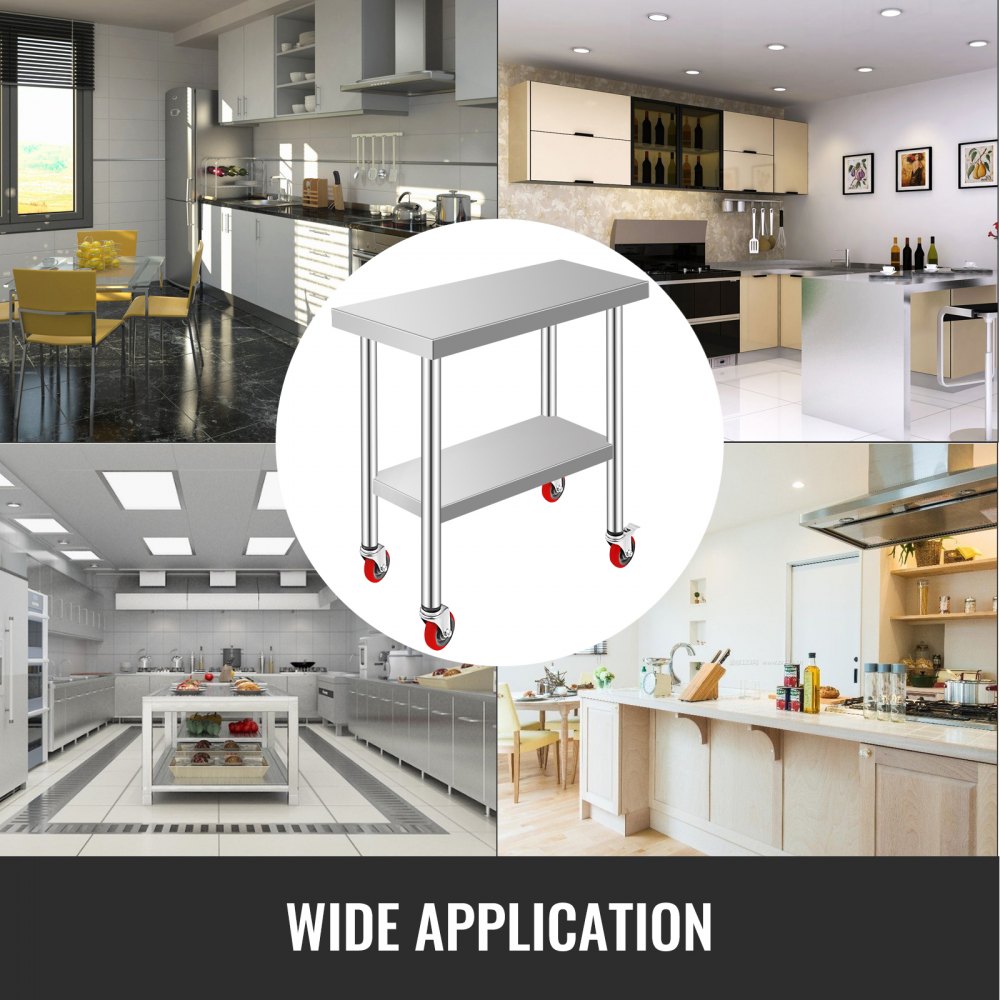 VEVOR Stainless Steel Work Table 30 x 12 x 34 Inch, 700 LBS Load Capacity with 4 Wheels, 3 Adjustable Height Levels, Heavy Duty Food Prep Worktable for Commercial Kitchen Restaurant, Silver