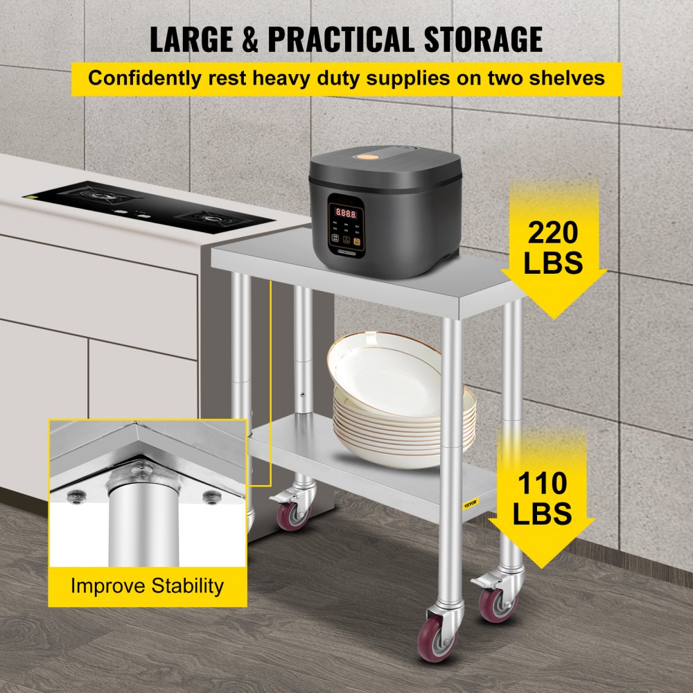 VEVOR Stainless Steel Work Table 30 x 12 x 34 Inch, 700 LBS Load Capacity with 4 Wheels, 3 Adjustable Height Levels, Heavy Duty Food Prep Worktable for Commercial Kitchen Restaurant, Silver