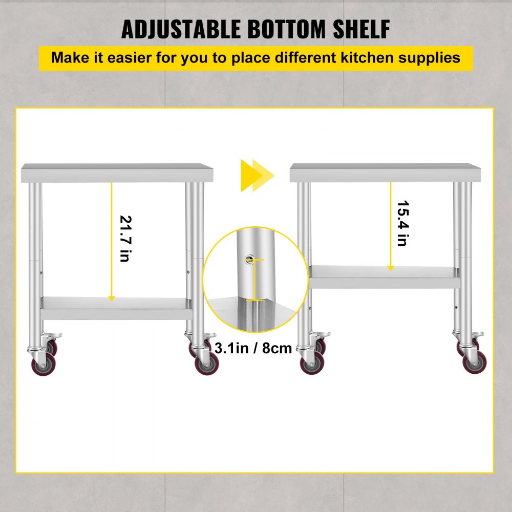 VEVOR Stainless Steel Work Table 30 x 12 x 34 Inch, 700 LBS Load Capacity with 4 Wheels, 3 Adjustable Height Levels, Heavy Duty Food Prep Worktable for Commercial Kitchen Restaurant, Silver