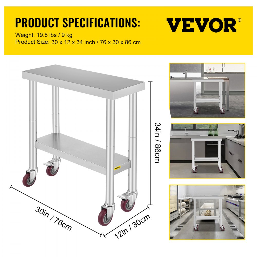 VEVOR Stainless Steel Work Table 30 x 12 x 34 Inch, 700 LBS Load Capacity with 4 Wheels, 3 Adjustable Height Levels, Heavy Duty Food Prep Worktable for Commercial Kitchen Restaurant, Silver