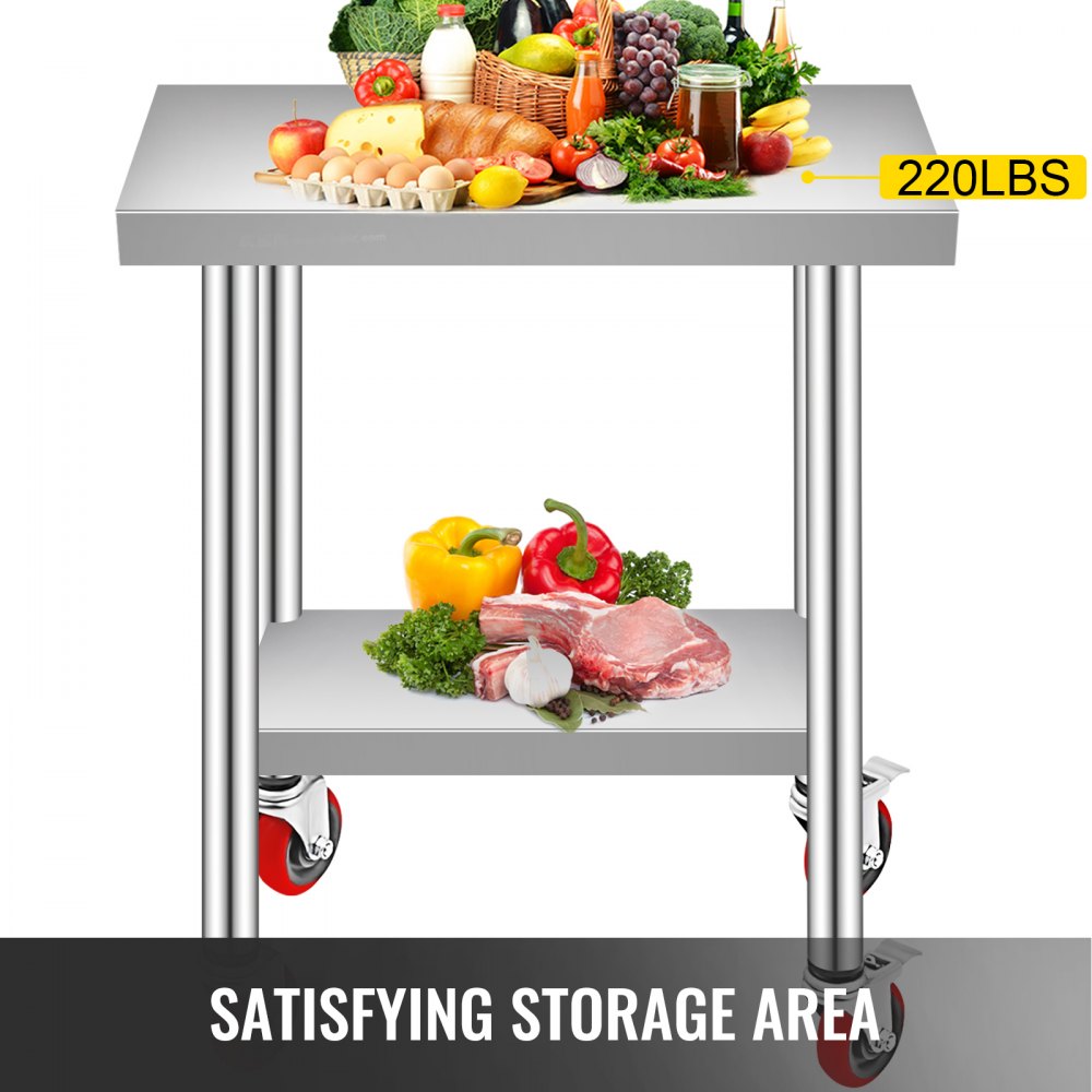 VEVOR Stainless Steel Work Table 30 x 12 x 34 Inch, 700 LBS Load Capacity with 4 Wheels, 3 Adjustable Height Levels, Heavy Duty Food Prep Worktable for Commercial Kitchen Restaurant, Silver