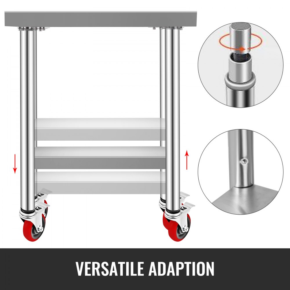 VEVOR Stainless Steel Work Table 30 x 12 x 34 Inch, 700 LBS Load Capacity with 4 Wheels, 3 Adjustable Height Levels, Heavy Duty Food Prep Worktable for Commercial Kitchen Restaurant, Silver