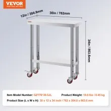 VEVOR Stainless Steel Catering Work Table 30x12 Inch Commercial Kitchen Table with 4 Wheels Commercial Food Prep Workbench with Flexible Adjustment Shelf for Kitchen Prep Table