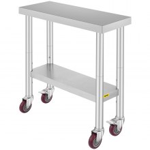 VEVOR Rustfrit stål Catering arbejdsbord 30x12 tommer kommercielt køkkenbord med 4 hjul Kommercielt madlavningsbord med fleksibel justering af hylde til køkkenbord