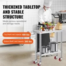 VEVOR 30x12x34 Inch Stainless Steel Work Table 3-Stage Adjustable Shelf with 4 Wheels Heavy Duty Commercial Food Prep Worktable with Brake for Kitchen Prep Work