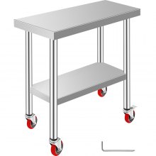 VEVOR Stainless Steel Work Table 30 x 12 x 34 Inch, 700 LBS Load Capacity with 4 Wheels, 3 Adjustable Height Levels, Heavy Duty Food Prep Worktable for Commercial Kitchen Restaurant, Silver