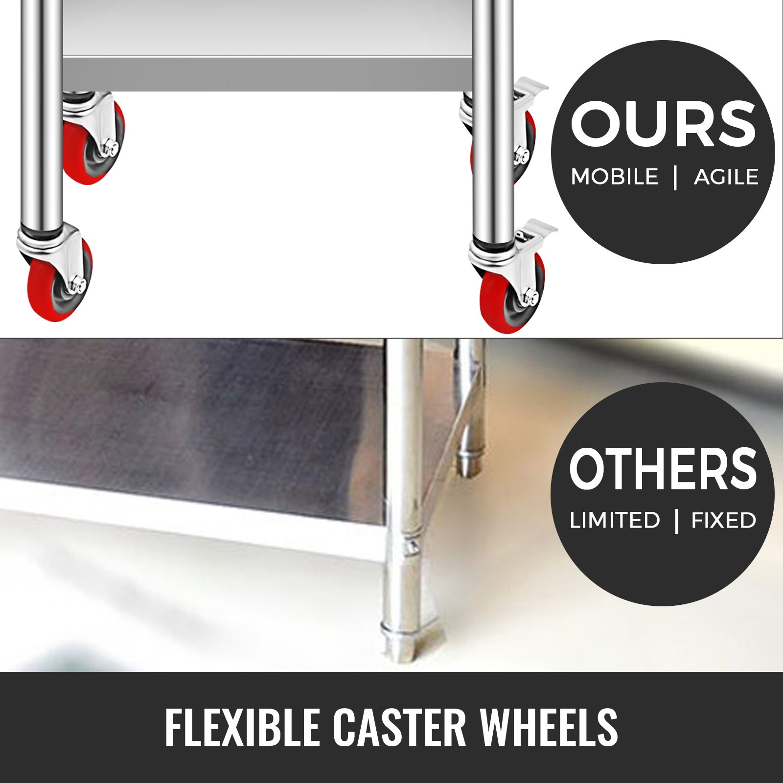 VEVOR Stainless Steel Work Table 30 x 12 x 34 Inch, 700 LBS Load Capacity with 4 Wheels, 3 Adjustable Height Levels, Heavy Duty Food Prep Worktable for Commercial Kitchen Restaurant, Silver