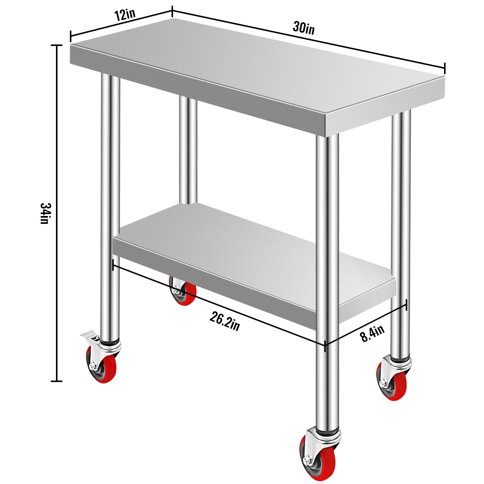 VEVOR Stainless Steel Work Table 30 x 12 x 34 Inch, 700 LBS Load Capacity with 4 Wheels, 3 Adjustable Height Levels, Heavy Duty Food Prep Worktable for Commercial Kitchen Restaurant, Silver