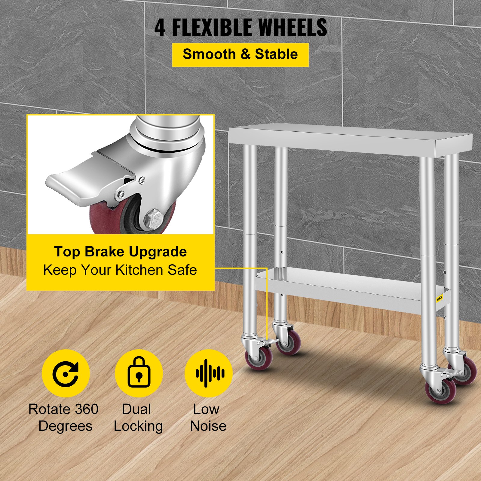 VEVOR Stainless Steel Work Table 30 x 12 x 34 Inch, 700 LBS Load Capacity with 4 Wheels, 3 Adjustable Height Levels, Heavy Duty Food Prep Worktable for Commercial Kitchen Restaurant, Silver