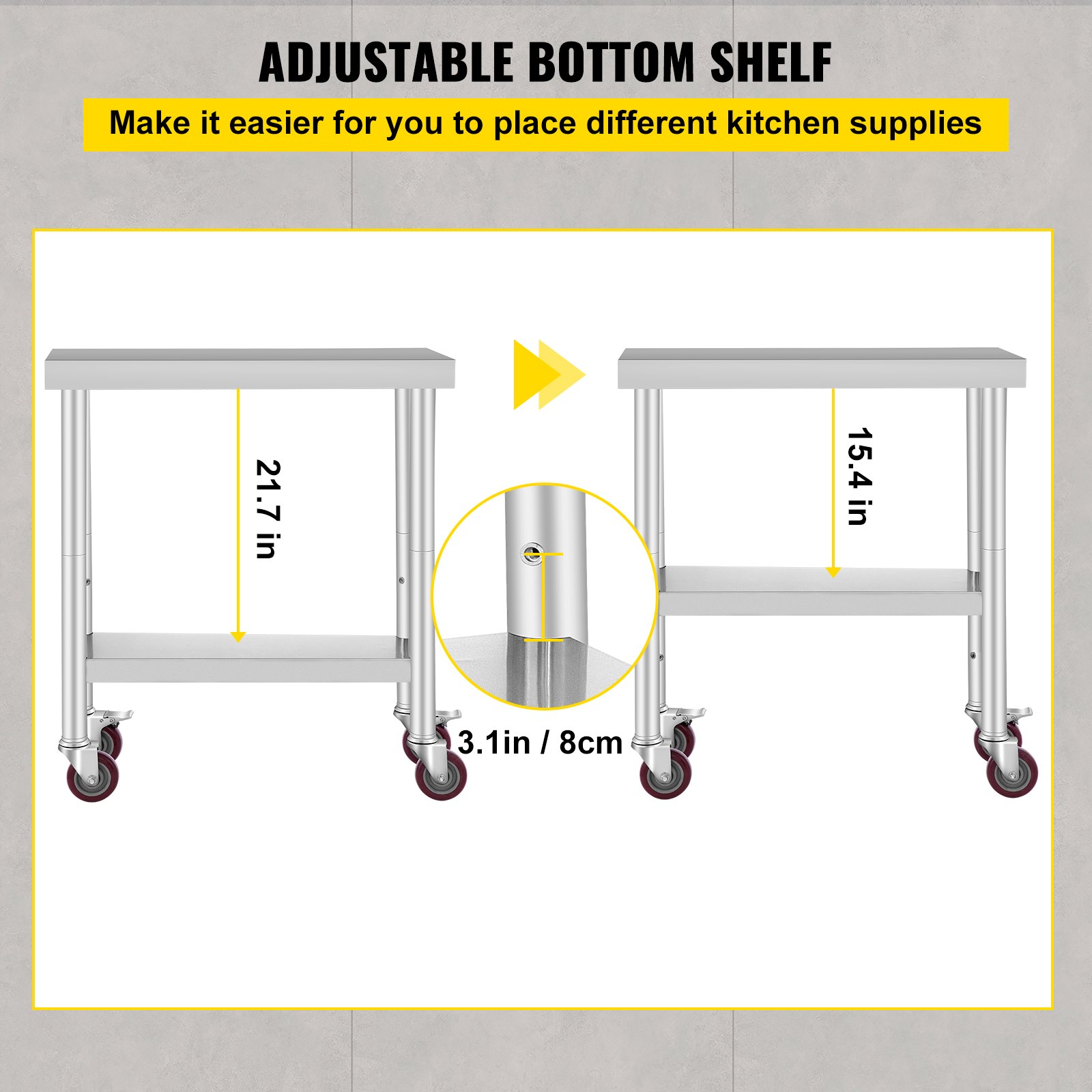 VEVOR Stainless Steel Work Table 30 x 12 x 34 Inch, 700 LBS Load Capacity with 4 Wheels, 3 Adjustable Height Levels, Heavy Duty Food Prep Worktable for Commercial Kitchen Restaurant, Silver