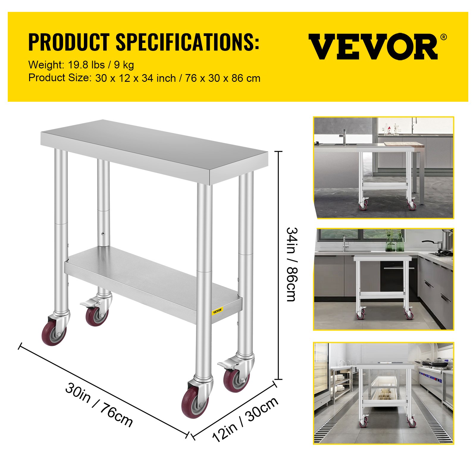VEVOR Stainless Steel Work Table 30 x 12 x 34 Inch, 700 LBS Load Capacity with 4 Wheels, 3 Adjustable Height Levels, Heavy Duty Food Prep Worktable for Commercial Kitchen Restaurant, Silver