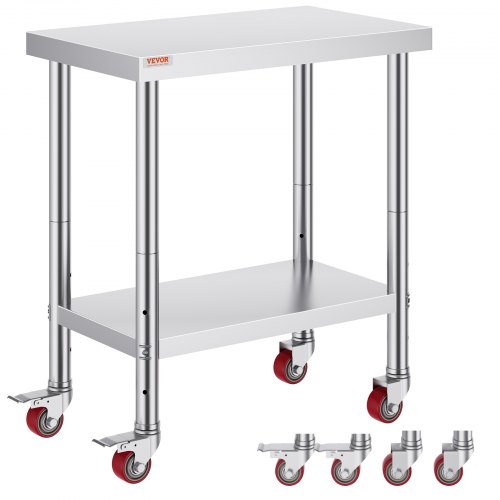 VEVOR Stainless Steel Work Table 30 x 18 x 34 Inch, 700 LBS Load Capacity with 4 Wheels, 3 Adjustable Height Levels, Heavy Duty Food Prep Worktable for Commercial Kitchen Restaurant, Silver