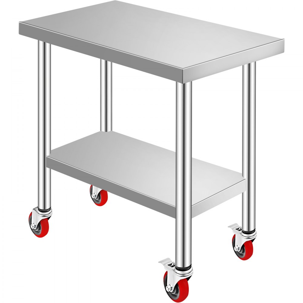 VEVOR Stainless Steel Work Table 30 x 18 x 34 Inch, 700 LBS Load Capacity with 4 Wheels, 3 Adjustable Height Levels, Heavy Duty Food Prep Worktable for Commercial Kitchen Restaurant, Silver
