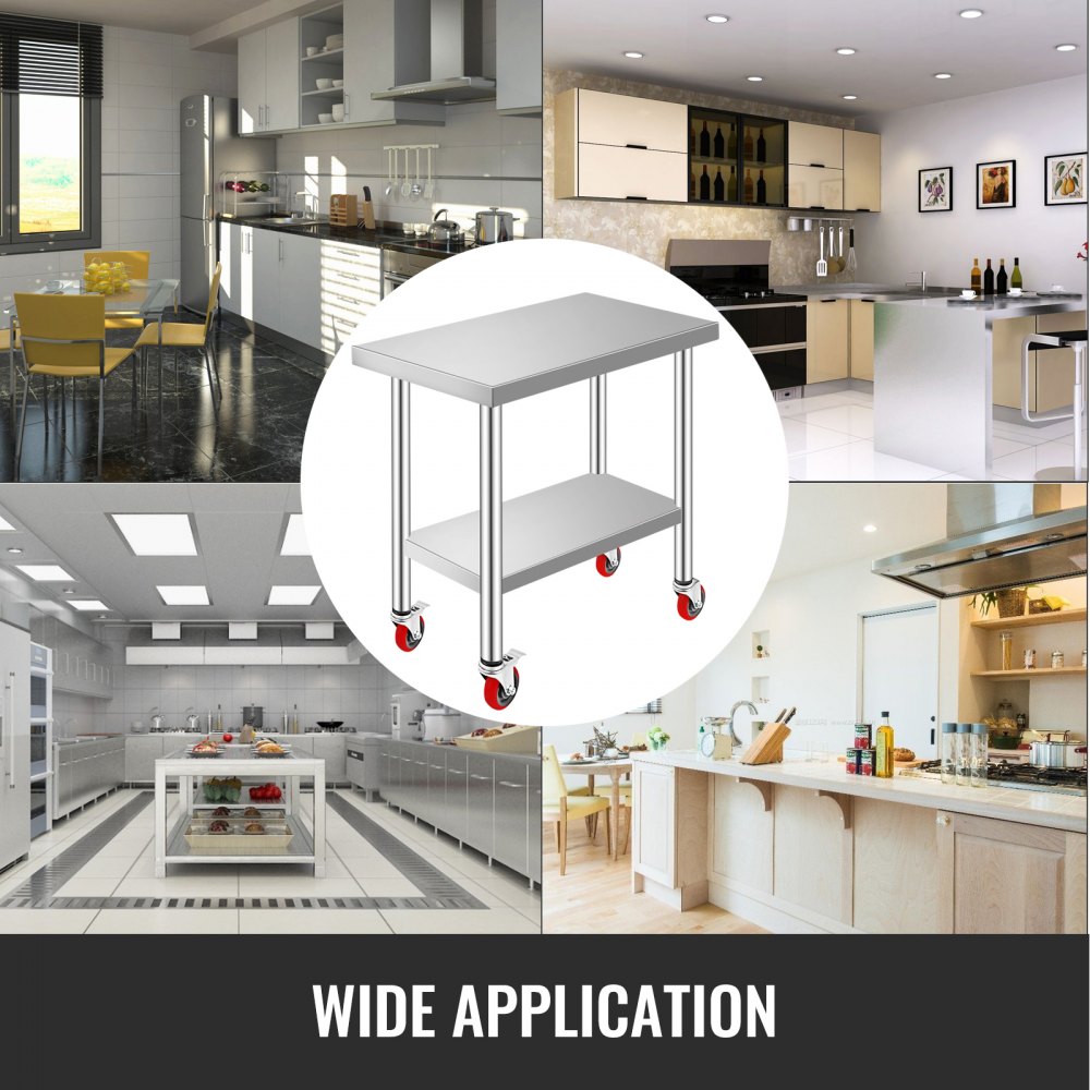 VEVOR Stainless Steel Work Table 30 x 18 x 34 Inch, 700 LBS Load Capacity with 4 Wheels, 3 Adjustable Height Levels, Heavy Duty Food Prep Worktable for Commercial Kitchen Restaurant, Silver