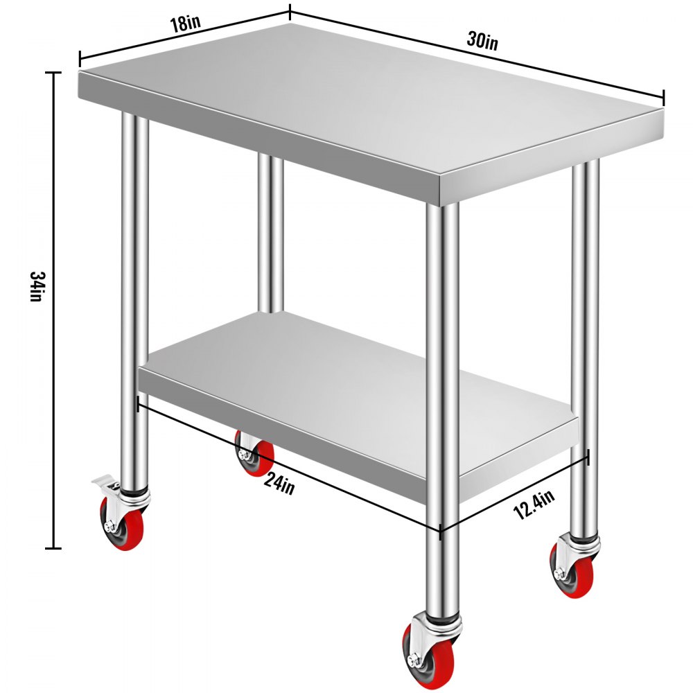 VEVOR Stainless Steel Work Table 30 x 18 x 34 Inch, 700 LBS Load Capacity with 4 Wheels, 3 Adjustable Height Levels, Heavy Duty Food Prep Worktable for Commercial Kitchen Restaurant, Silver