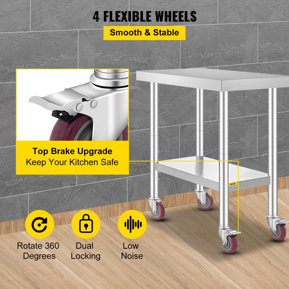 VEVOR Stainless Steel Work Table 30 x 18 x 34 Inch, 700 LBS Load Capacity with 4 Wheels, 3 Adjustable Height Levels, Heavy Duty Food Prep Worktable for Commercial Kitchen Restaurant, Silver