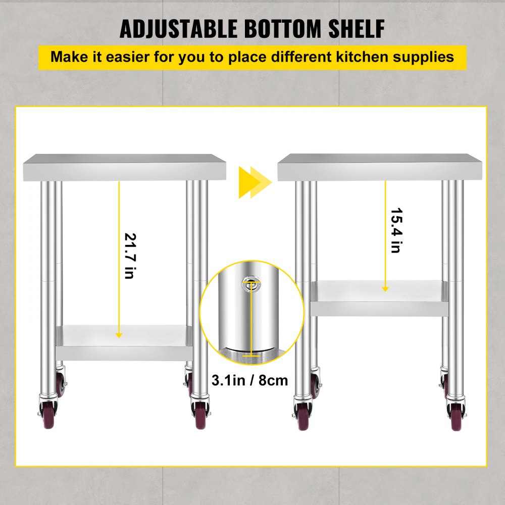 VEVOR Stainless Steel Work Table 30 x 18 x 34 Inch, 700 LBS Load Capacity with 4 Wheels, 3 Adjustable Height Levels, Heavy Duty Food Prep Worktable for Commercial Kitchen Restaurant, Silver